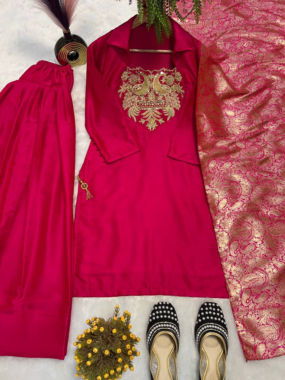 Regal Pink Peacock-Embellished Gala Suit